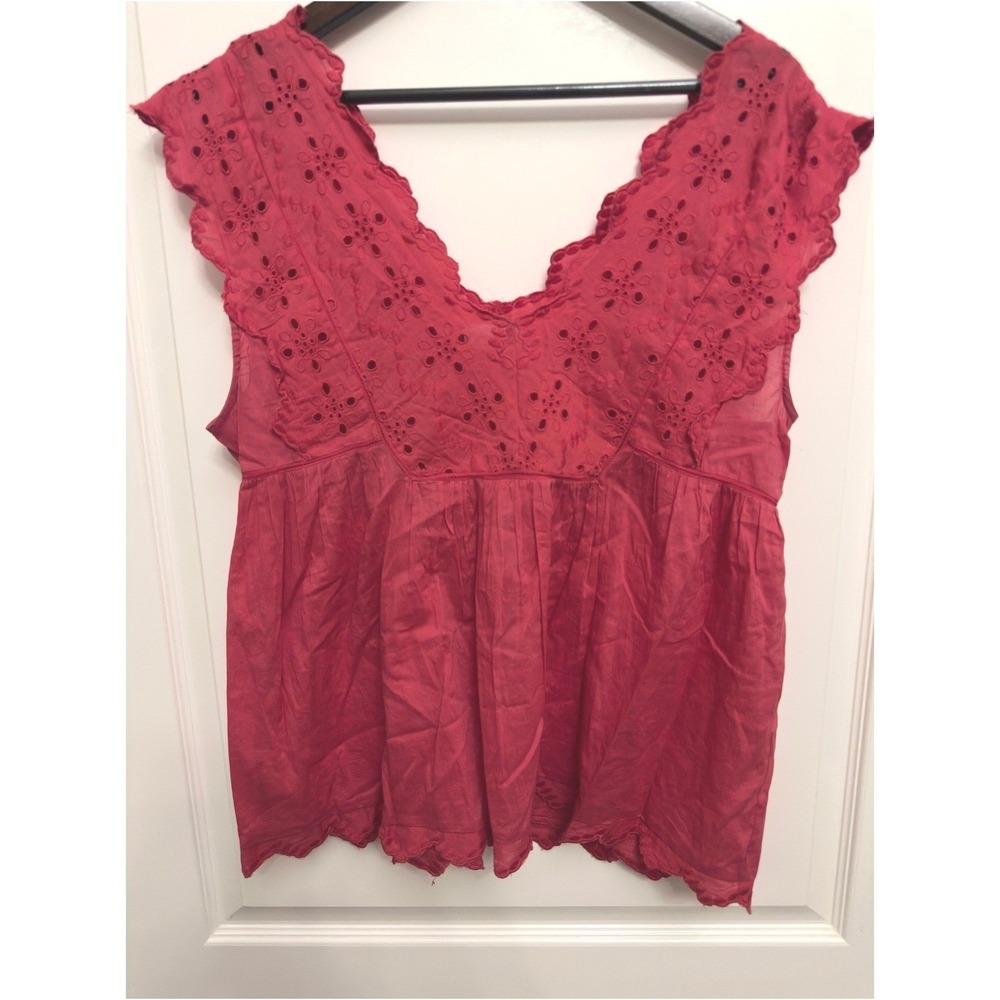 Lucky Brand Eyelet Top Womens Large Red Western Boho Peasant Festival Going Out